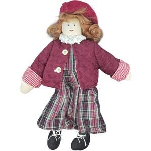 Handmade Cloth Doll Burgundy Quilted Coat Plaid Dress Country Decor